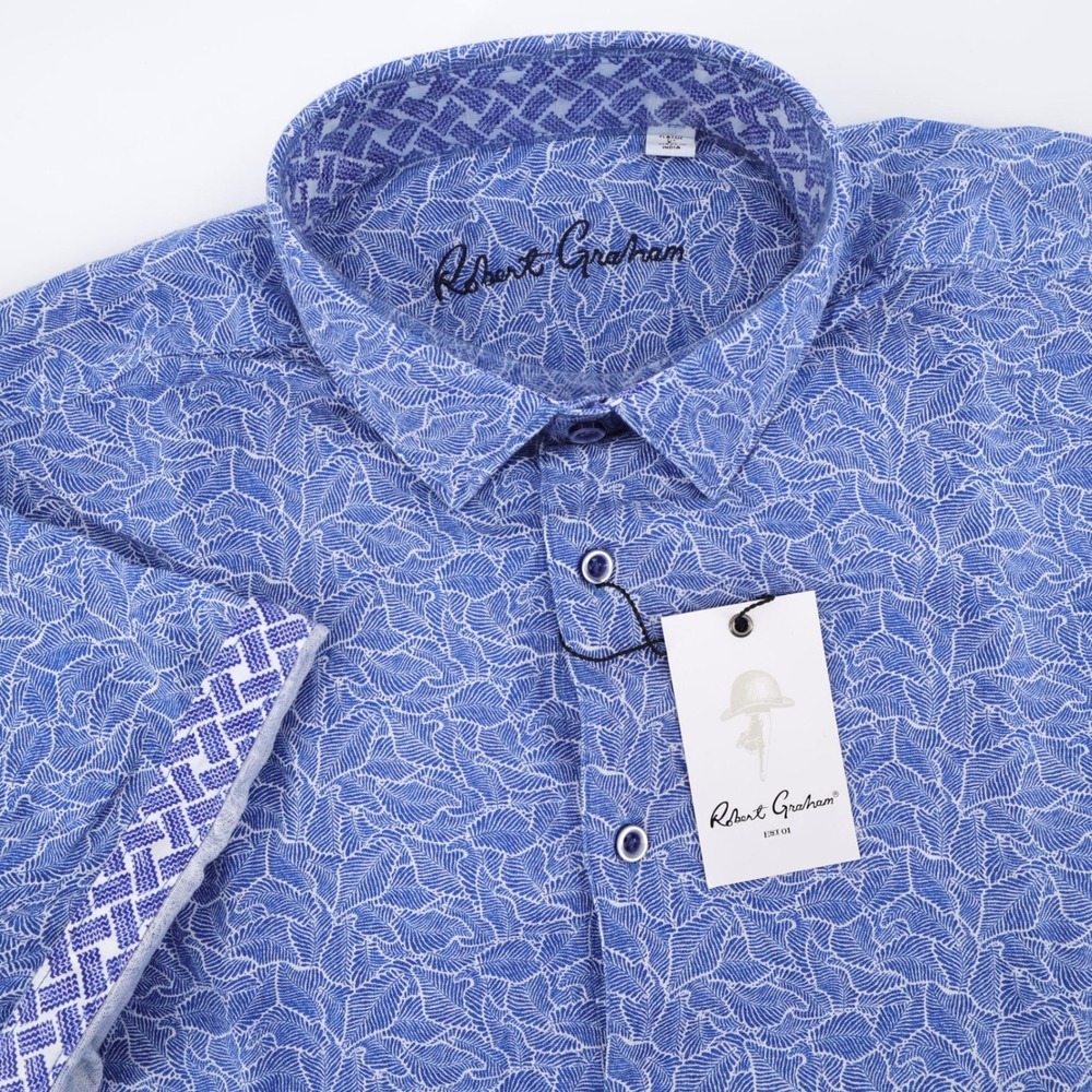 NEW Robert Graham Linen Vinaco Leaf Print Button Down Blue Short Sleeve Mens L